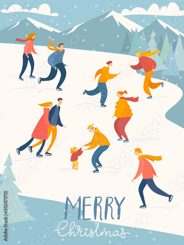 Mery Christmas poster with people do winter activities
