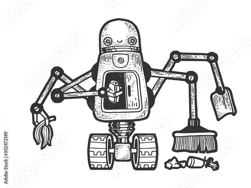 Robot garbage scavenger sketch engraving vector illustration. T-shirt apparel print design. Scratch board style imitation. Black and white hand drawn image.