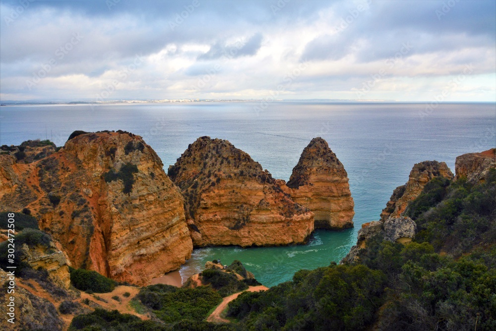 Rocky beach in Lagos - Portugal on a cloudy day 31.Oct.2019