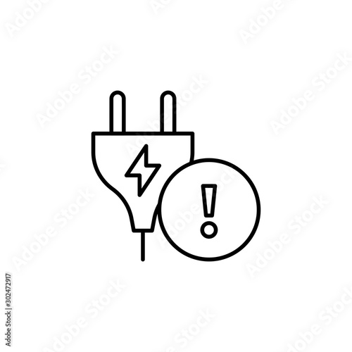 Electric plug warning icon. Concept safety. Outline thin line flat illustration. Isolated on white background. 