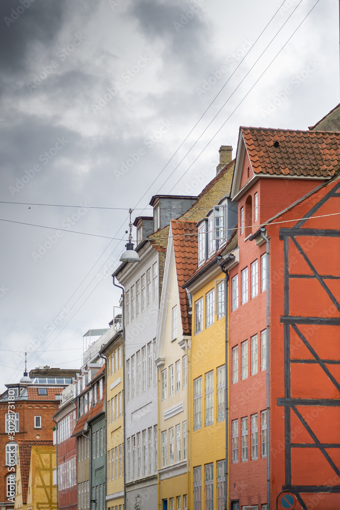 Colorful, Old Houses in a row in Copenhagen, Denmark.