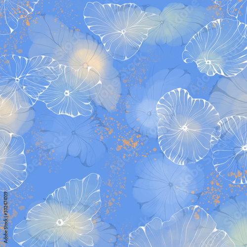 Abstract background made in watercolor blue color  reminiscent of jellyfish or magical flowers   banner design element  colorful spotty pattern.