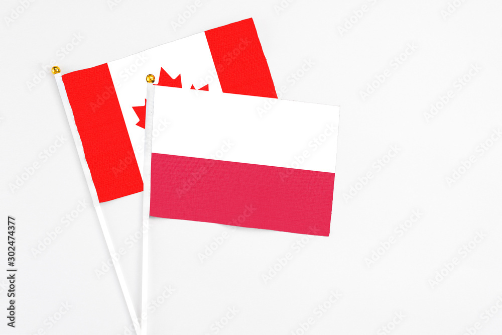 Poland and Canada stick flags on white background. High quality fabric, miniature national flag. Peaceful global concept.White floor for copy space. Poland and Canada stick flags on white background. High quality fabric, miniature national flag. Peaceful global concept.White floor for copy space.