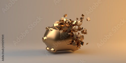The golden piggy bank was smashed and cracked on a white background and orange lights. 3D render.
