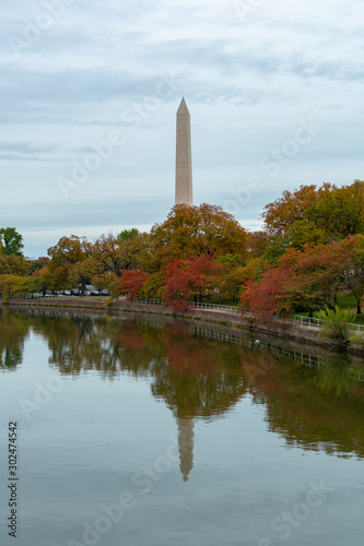 The Washington Monument in Washington D.C. with Colorful Autumn Trees Reflected in the Tidal Basin