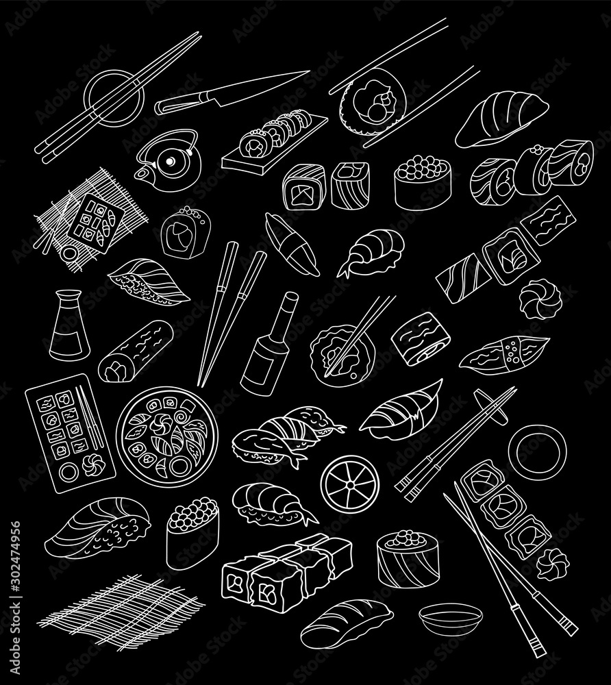 sushi rolls Asian food vector on black background