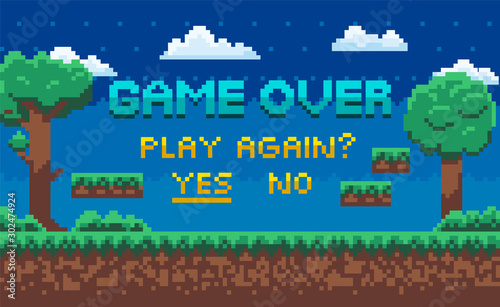 Game over screen vector, landscape with pixel graphics of 8 bit game, question for player to continue game. Trees and grass with stars clouds on sky. Pixelated background for app or video-game