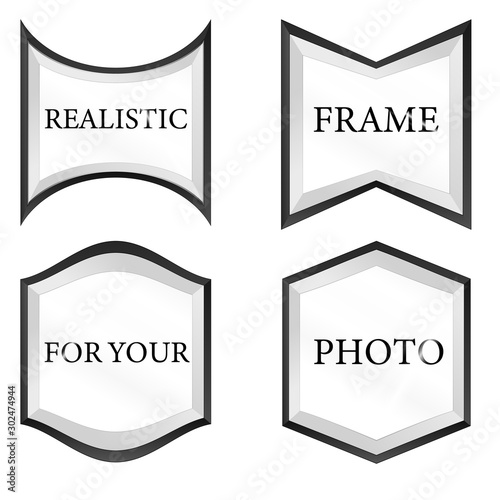 Set of Black Realistic photo frame template isolated on white background. Graphic Resource vector illustration, blank picture for gallery, text, empty mockup, interior, simple image object