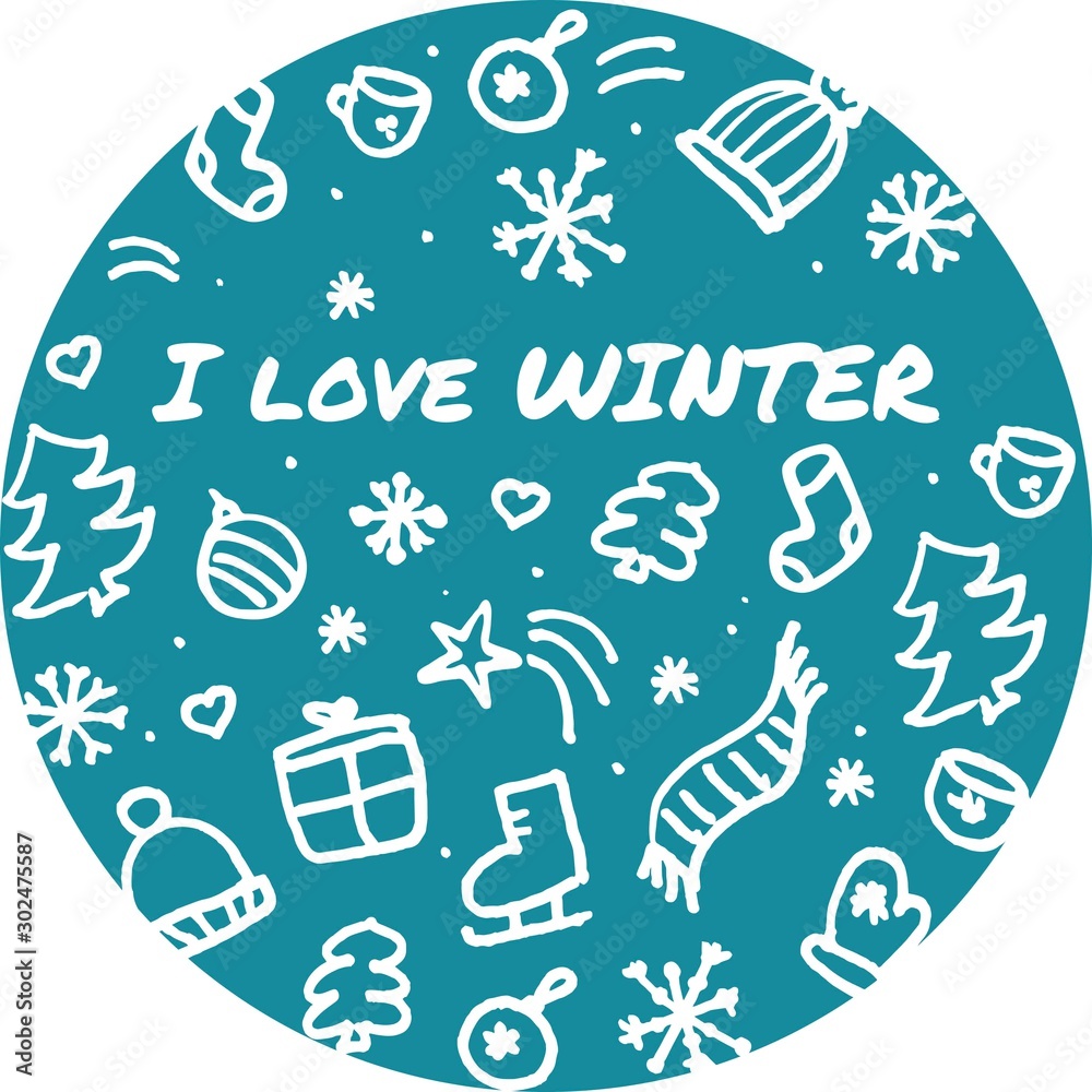 Hand drawn marker winter elements. seasonal poster placed in a circle