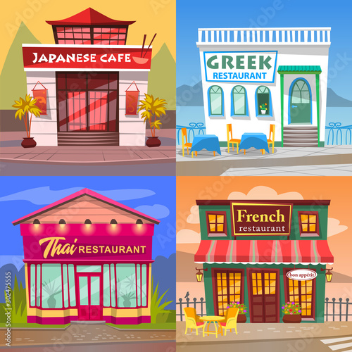 Thai and French cuisine vector, greek and japanese restaurant diner facade. Buildings in orient style, eatery of asian meals and dishes. European and eastern gastronomy set of houses illustration