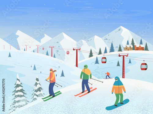 Winter landscape with ski lift, mountains, people skiing, snowboarding. Ski resort. Vector flat illustration.