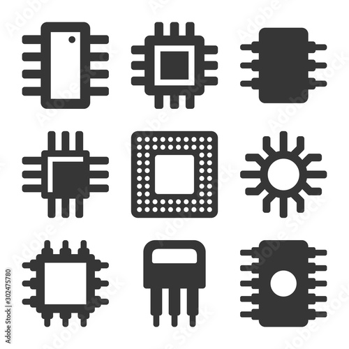 Electronic Computer CPU Chip Icons Set. Vector photo