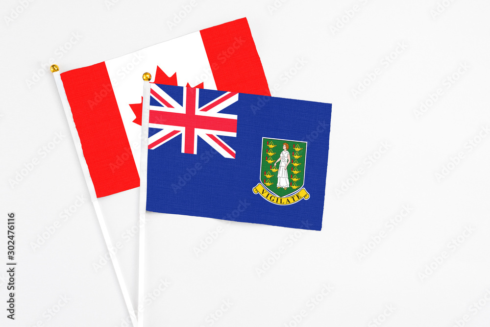 Fototapeta premium British Virgin Islands and Canada stick flags on white background. High quality fabric, miniature national flag. Peaceful global concept.White floor for copy space.