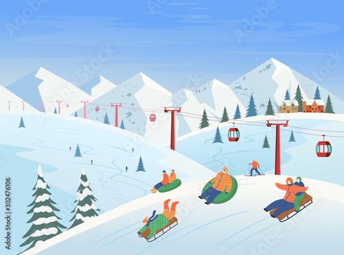 Winter landscape with ski lift, mountains, people sledding, skiing. Ski resort. Vector flat illustration.