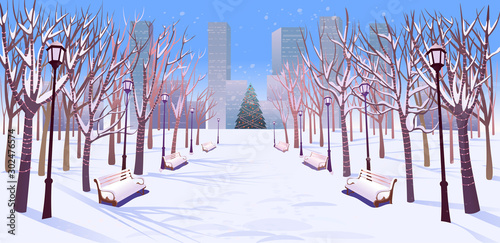 Panorama road over the winter park with benches, trees, lanterns and a garland day light. Vector illustration of winter city street in cartoon style.