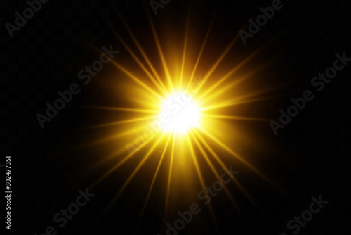 White glowing light explodes on a transparent background. Sparkling magical dust particles. Bright Star. Transparent shining sun, bright flash. Vector sparkles. To center a bright flash