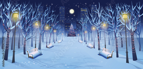 Panorama road over the winter park with benches, trees, lanterns and a garland at night. Vector illustration of winter city street in cartoon style.