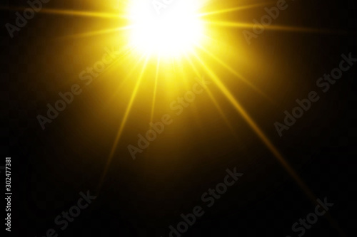 White glowing light explodes on a transparent background. Sparkling magical dust particles. Bright Star. Transparent shining sun, bright flash. Vector sparkles. To center a bright flash