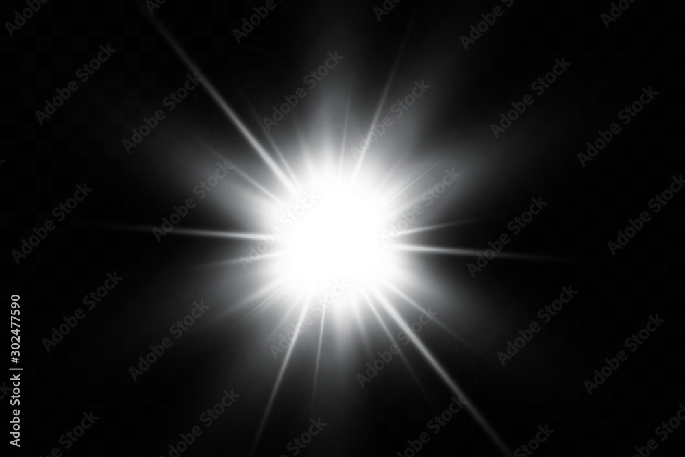 White glowing light explodes on a transparent background. Sparkling magical dust particles. Bright Star. Transparent shining sun, bright flash. Vector sparkles. To center a bright flash