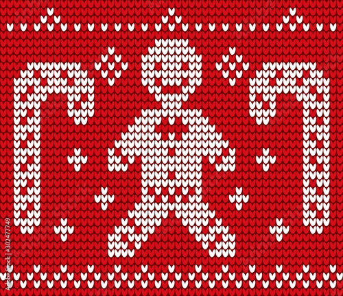 Embroidery with Christmas symbols and characters vector. Embroidered seamless pattern with gingerbread man cookie and candy. Snowflakes and pine trees on corners flat style illustration design