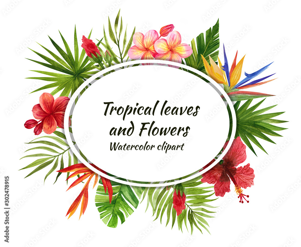 Fototapeta ramka akwarelowa z tropikalnymi kwiatami i liśćmi, ręcznie robiony rysunek, decoupage, tworzenie pocztówek