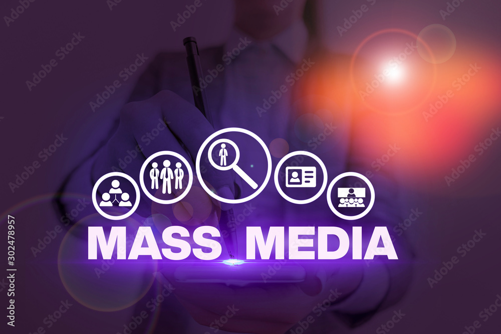 Naklejka premium Handwriting text Mass Media. Conceptual photo Group showing making news to the public of what is happening