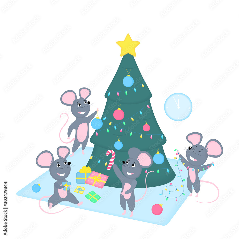 Fototapeta premium Funny cartoon rats decorate the Christmas tree. Preparation for the 2020 Chinese New year. Cute smiling mice with gifts, garland, holiday balls. Greeting card for winter celebrations.