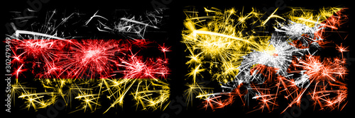 Germany, German vs Bhutan, Bhutanese New Year celebration travel sparkling fireworks flags concept background. Combination of two abstract states flags.