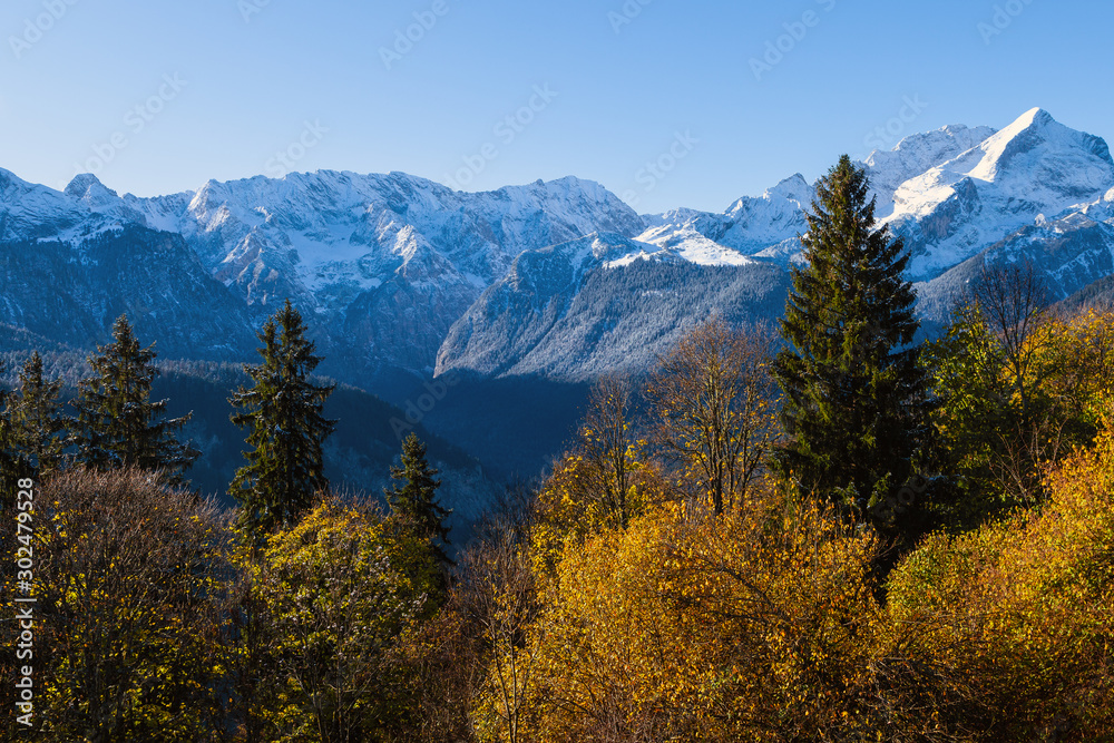 Herbstlicher Bergmischwald vor verschneiter Kulisse des Hochgebirges