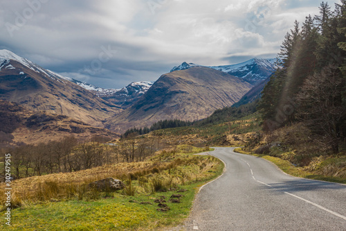 Mountains road view beautiful landscape. Fort William Scotland Highlands