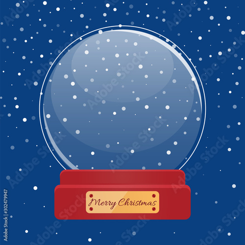 Postcard snow globe with snowflakes inside and golden greeting board Happy New Year. Christmas holiday card with glossy bubble with snowfall decoration. Xmas greeting with snowy sphere vector