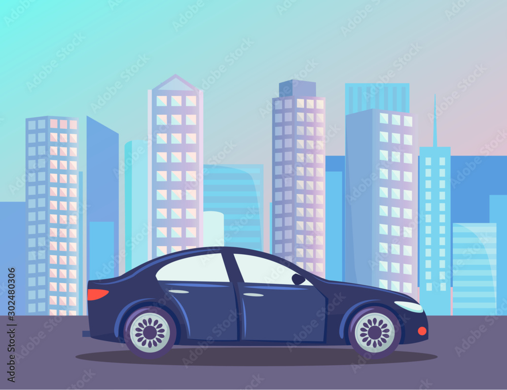Blue car riding at street vector, vehicle in city transportation and connection in town. Cityscape with high buildings and skyscrapers. Downtown with machine, automobile illustration in flat style