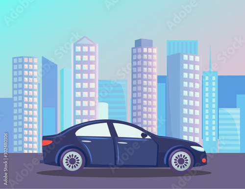 Fototapeta Naklejka Na Ścianę i Meble -  Blue car riding at street vector, vehicle in city transportation and connection in town. Cityscape with high buildings and skyscrapers. Downtown with machine, automobile illustration in flat style