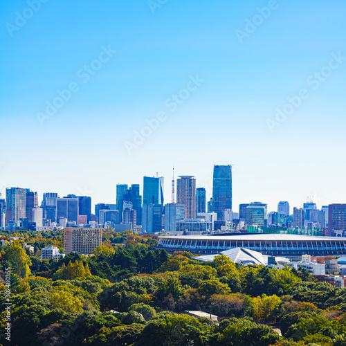Landscape of national stadium for Tokyo Olympic 2020 in the background of blue sky in Japan 
