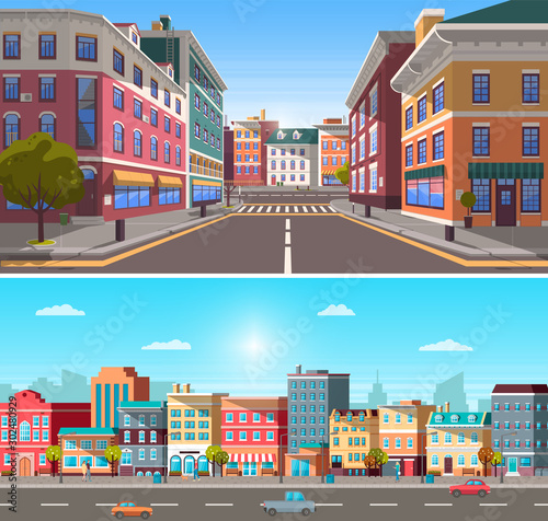 City street with buildings and infrastructure vector. Homes and houses placed in row. Cars on roads in urban area. Old and modern construction in city. 3d town with pedestrian crossings and trees