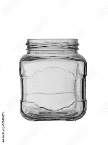 Empty glass jar without lid. Isolated on white background.