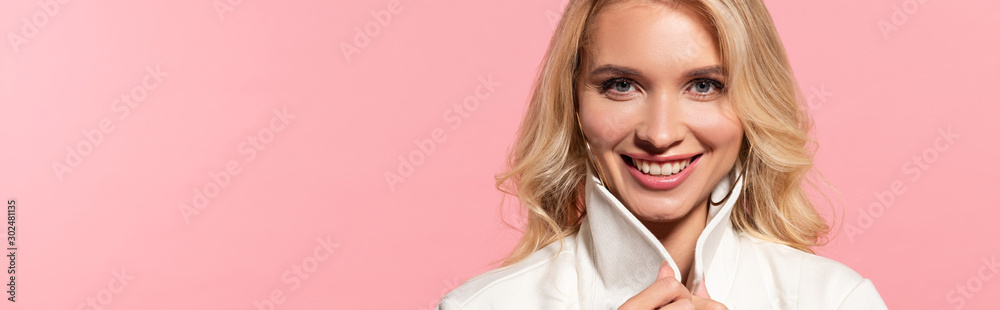 happy beautiful blonde woman isolated on pink, panoramic shot happy beautiful blonde woman isolated on pink, panoramic shot