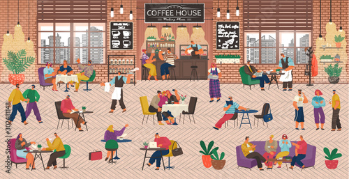 Coffeehouse with People, Coffee Shop Service. Barista and Waitress Working in Cafe. Customers Playing Games and Working Online. Friends Having Fun at Bistro, Drinking and Talking Vector in Flat Style