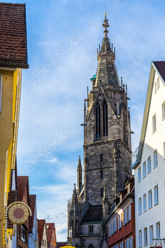 Germany, Impressive ancient gothic steeple of church building st mary, called marienkirche in downtown reutlingen photo