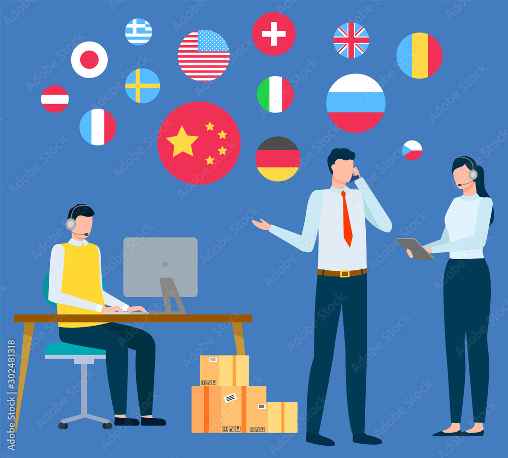 International business and global cooperation. Man sitting on chair near laptop and typing. Office worker has telephone conversation. Flags of different countries on background. Vector illustration
