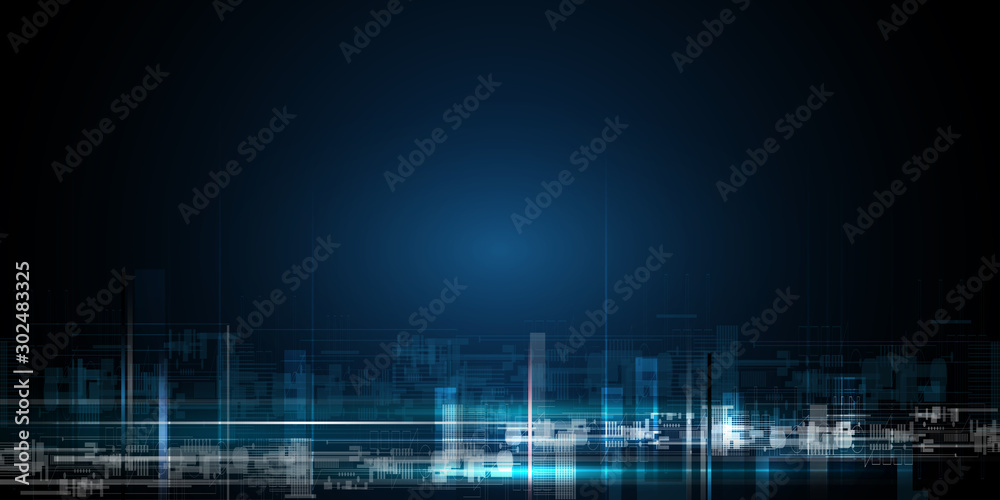 Vector illustration urban architecture, cityscape with space and neon light effect. Modern hi-tech, science, futuristic technology concept. Abstract digital high tech city design for banner background Vector illustration urban architecture, cityscape with space and neon light effect. Modern hi-tech, science, futuristic technology concept. Abstract digital high tech city design for banner background