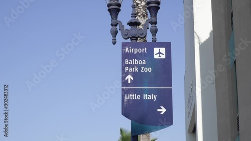 airport balboa park zoo little ittaly san diego california street sign. Blue sky background 