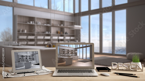 Architect designer desktop concept, laptop and tablet on wooden desk with screen showing interior design project and CAD sketch, blurred draft in the background, modern white kitchen © ArchiVIZ