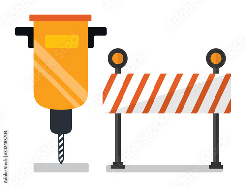 Construction on road vector, isolated auger and stop sign. Wooden board with stripes and lights, drill instrument, building and renovations flat style