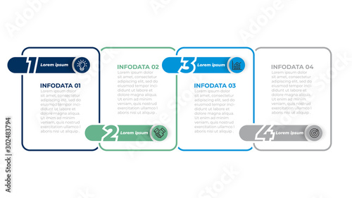 Business infographics template with marketing icons. Workflow diagram with 4 steps, options. Can be used for presentation, info chart, web design. Vector illustration.