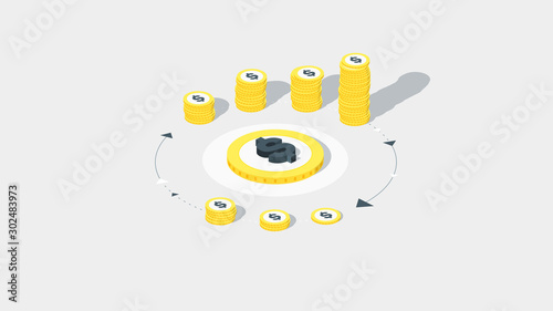 Conceptual vector illustration. Investment and analysis finansial strategy. Investment and analysis money profits metaphor. Looped process of investing money and investments