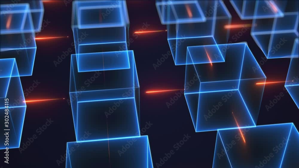 Connection structure of many neon cubes. Computer generated abstract isometric background, 3d rendering