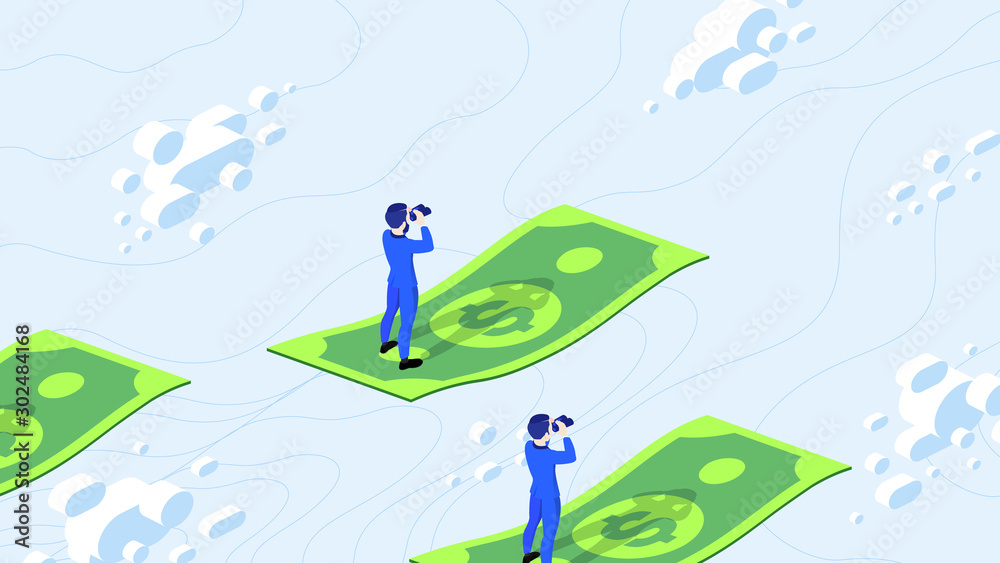 Searching for money. Isometric businessman looking for money with binocular. Isometric dollar flies in cloudscape Searching for money. Isometric businessman looking for money with binocular. Isometric dollar flies in cloudscape