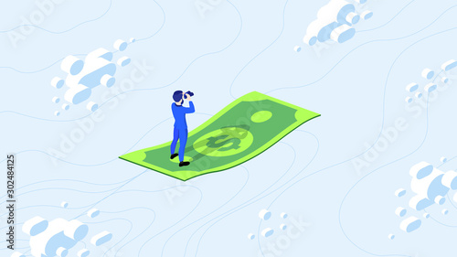 Searching for money. Isometric businessman looking for money with binocular. Isometric dollar flies in cloudscape