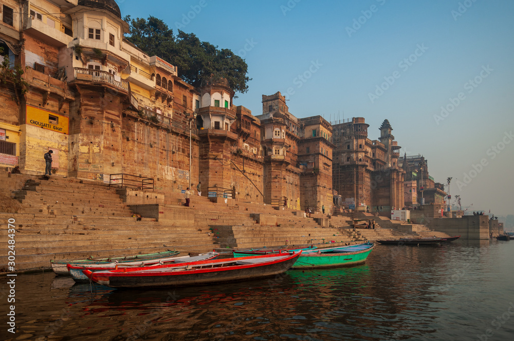 Varanasi, Banaras, Uttar Pradesh, India - February 03, 2011: Ghats (Banks) on the Ganges River in Hindu holy city varanasi, india